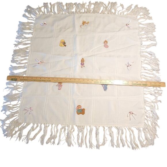 Vintage Handmade Baby Blanket w/ Embroidered Kids & Fringe Edges 36"x36" - Picture 5 of 16